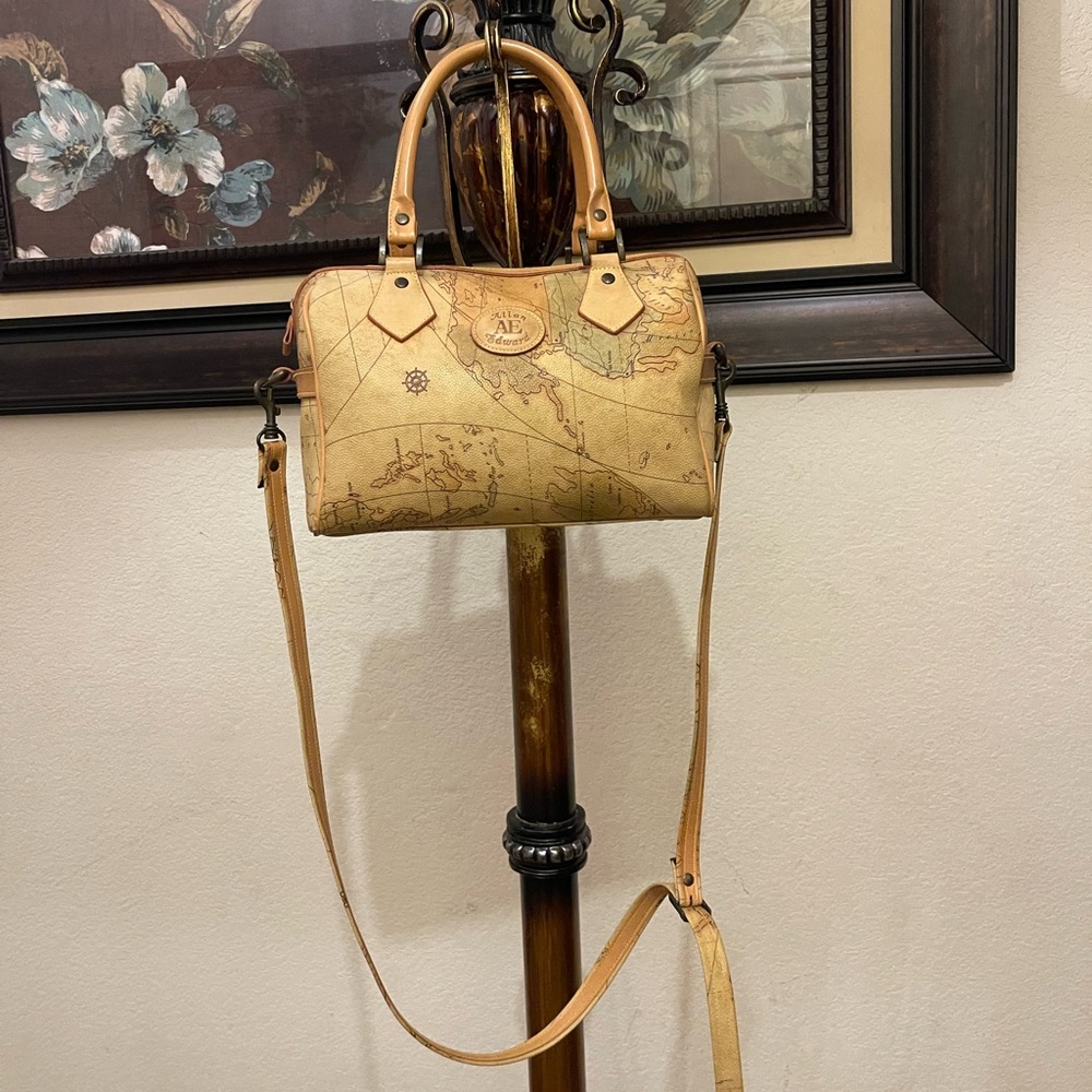Allan Edward Map-Print Tan Satchel with Detachable Strap